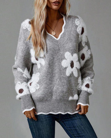 Contrast Binding 3D Flower V Neck Long Sleeve Pullover Sweater Casual Loose Fit Fall Top